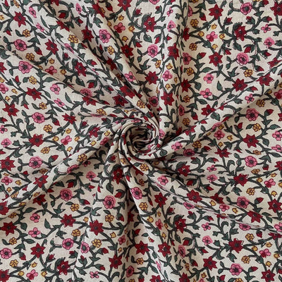 Printed Cotton Linen Fabric Cut Piece (CUT PIECE) Beige & Maroon Mughal Floral Vines Hand Block Printed Pure Cotton Linen Fabric (Width 42 inches)