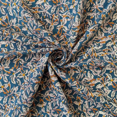 Printed Cotton Linen Fabric Cut Piece (CUT PIECE) Coral Blue & Yellow Tamarind Trees Hand Block Printed Pure Cotton Linen Fabric (Width 42 inches)