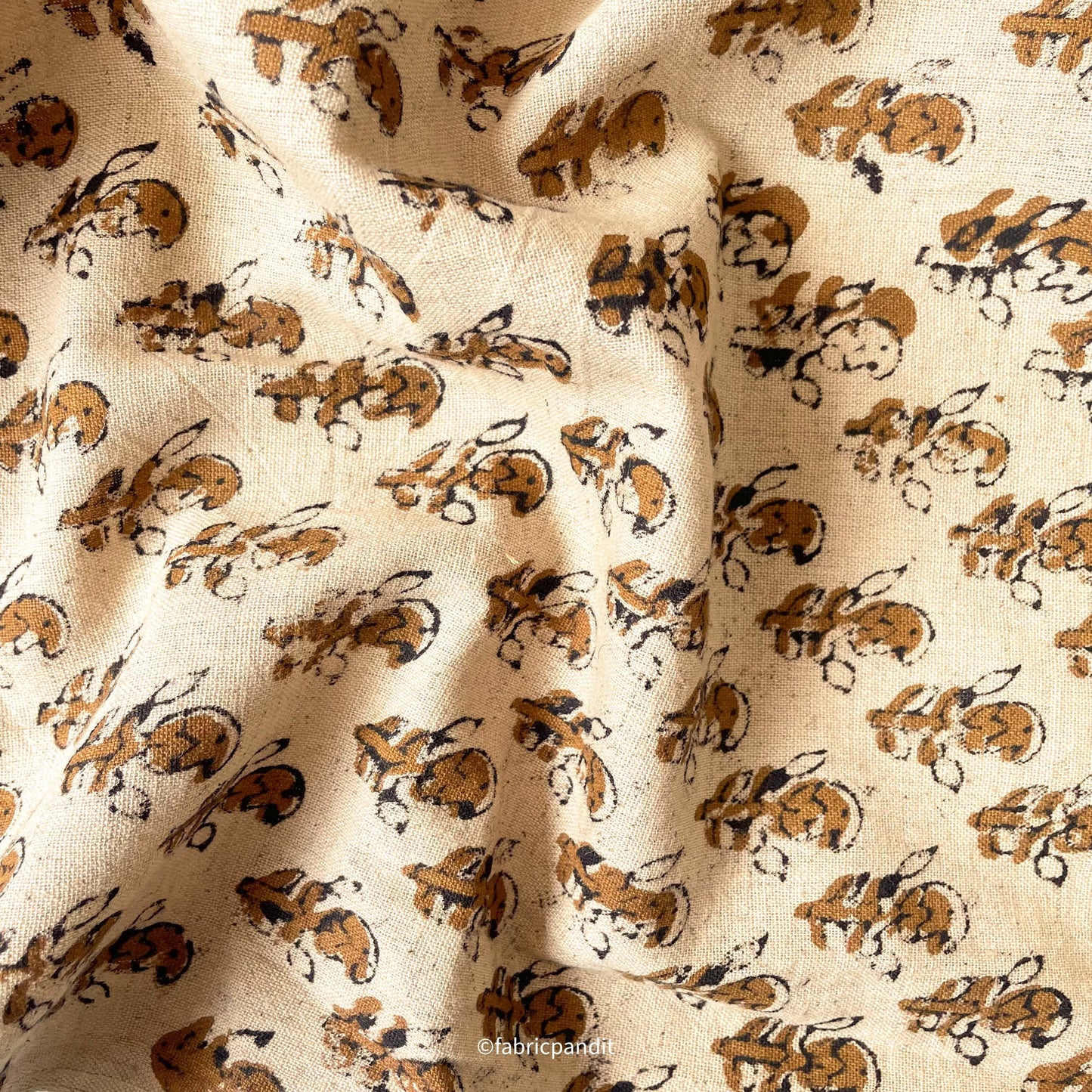 Printed Cotton Linen Fabric Cut Piece (CUT PIECE) Dusty Beige & Brown Abstract Paisley Hand Block Printed Pure Cotton Linen Fabric (Width 42 inches)