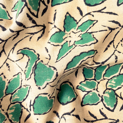 Printed Cotton Linen Fabric Cut Piece (CUT PIECE) Dusty Beige & Green Abstract Lily Vines Hand Block Printed Pure Cotton Linen Fabric (Width 42 inches)