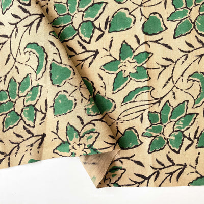 Printed Cotton Linen Fabric Cut Piece (CUT PIECE) Dusty Beige & Green Abstract Lily Vines Hand Block Printed Pure Cotton Linen Fabric (Width 42 inches)