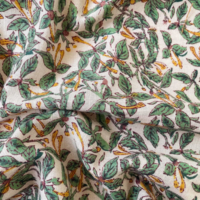 Printed Cotton Linen Fabric Cut Piece (CUT PIECE) Dusty Beige & Green Tamarind Trees Hand Block Printed Pure Cotton Linen Fabric (Width 42 inches)
