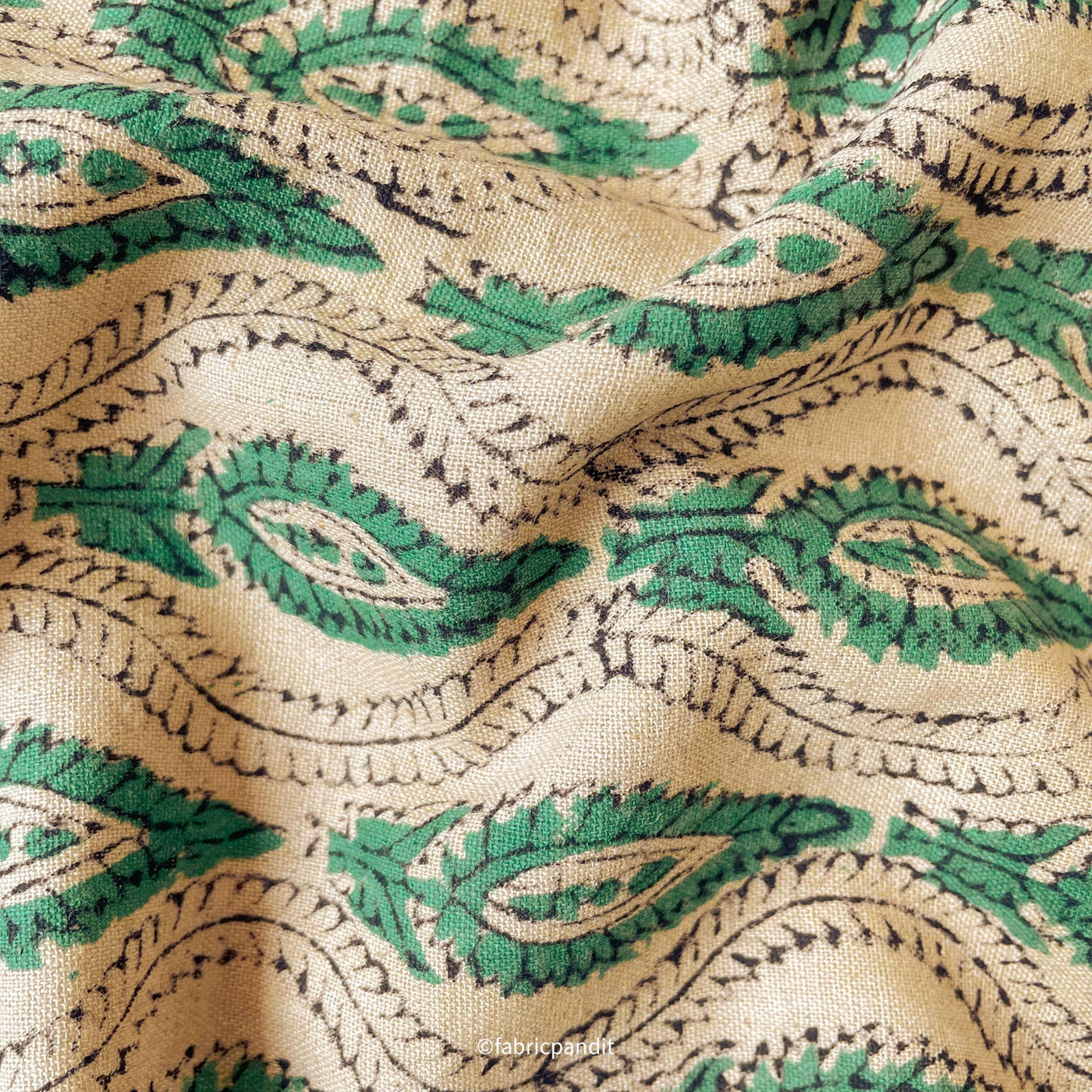 Printed Cotton Linen Fabric Cut Piece (CUT PIECE) Dusty Beige & Green Traditional Leaves Hand Block Printed Pure Cotton Linen Fabric (Width 42 inches)