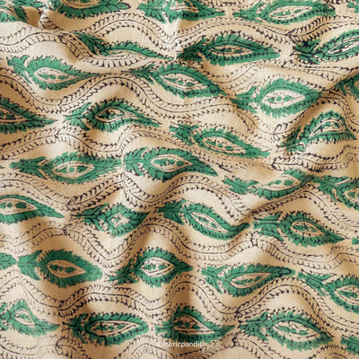 Printed Cotton Linen Fabric Cut Piece (CUT PIECE) Dusty Beige & Green Traditional Leaves Hand Block Printed Pure Cotton Linen Fabric (Width 42 inches)