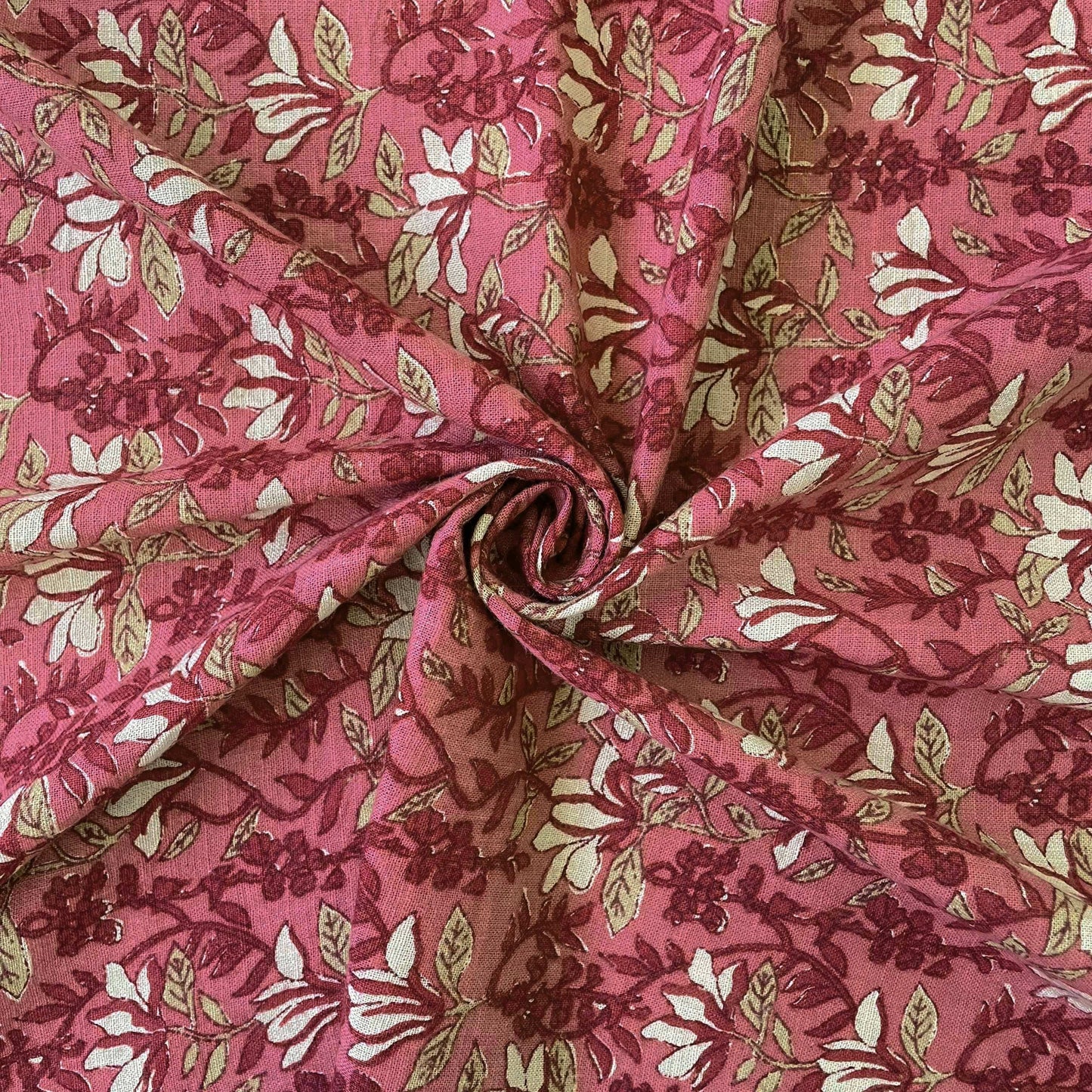 Printed Cotton Linen Fabric Cut Piece (CUT PIECE) Dusty Pink & Maroon Water Lillies Hand Block Printed Pure Cotton Linen Fabric (Width 42 inches)