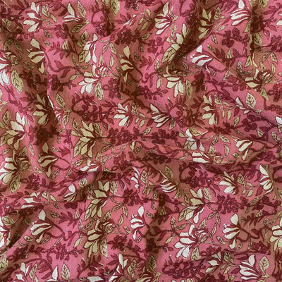 Printed Cotton Linen Fabric Cut Piece (CUT PIECE) Dusty Pink & Maroon Water Lillies Hand Block Printed Pure Cotton Linen Fabric (Width 42 inches)
