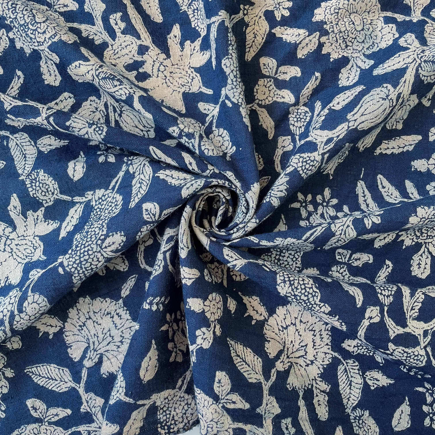 Printed Cotton Linen Fabric Cut Piece (CUT PIECE) Indigo Blue Garden Of Wildflowers Hand Block Printed Pure Cotton Linen Fabric (Width 42 inches)