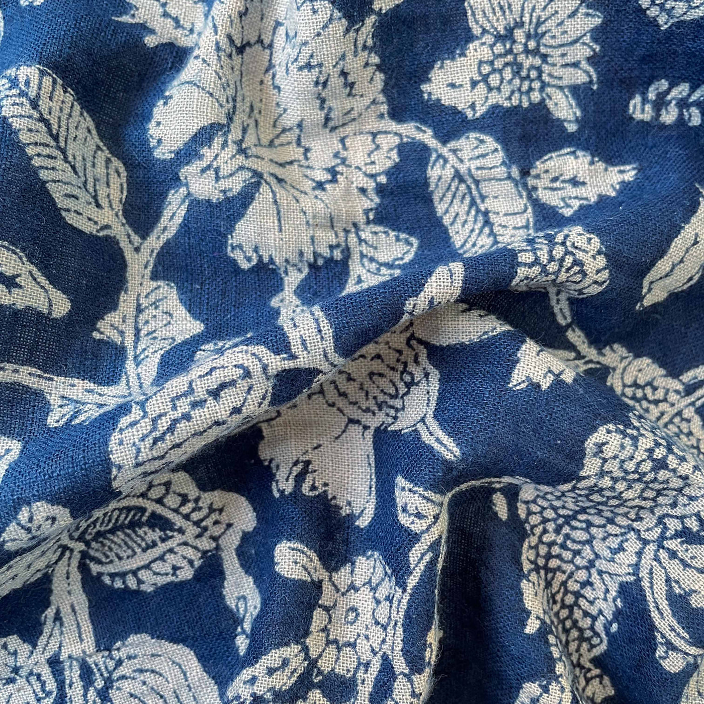 Printed Cotton Linen Fabric Cut Piece (CUT PIECE) Indigo Blue Garden Of Wildflowers Hand Block Printed Pure Cotton Linen Fabric (Width 42 inches)