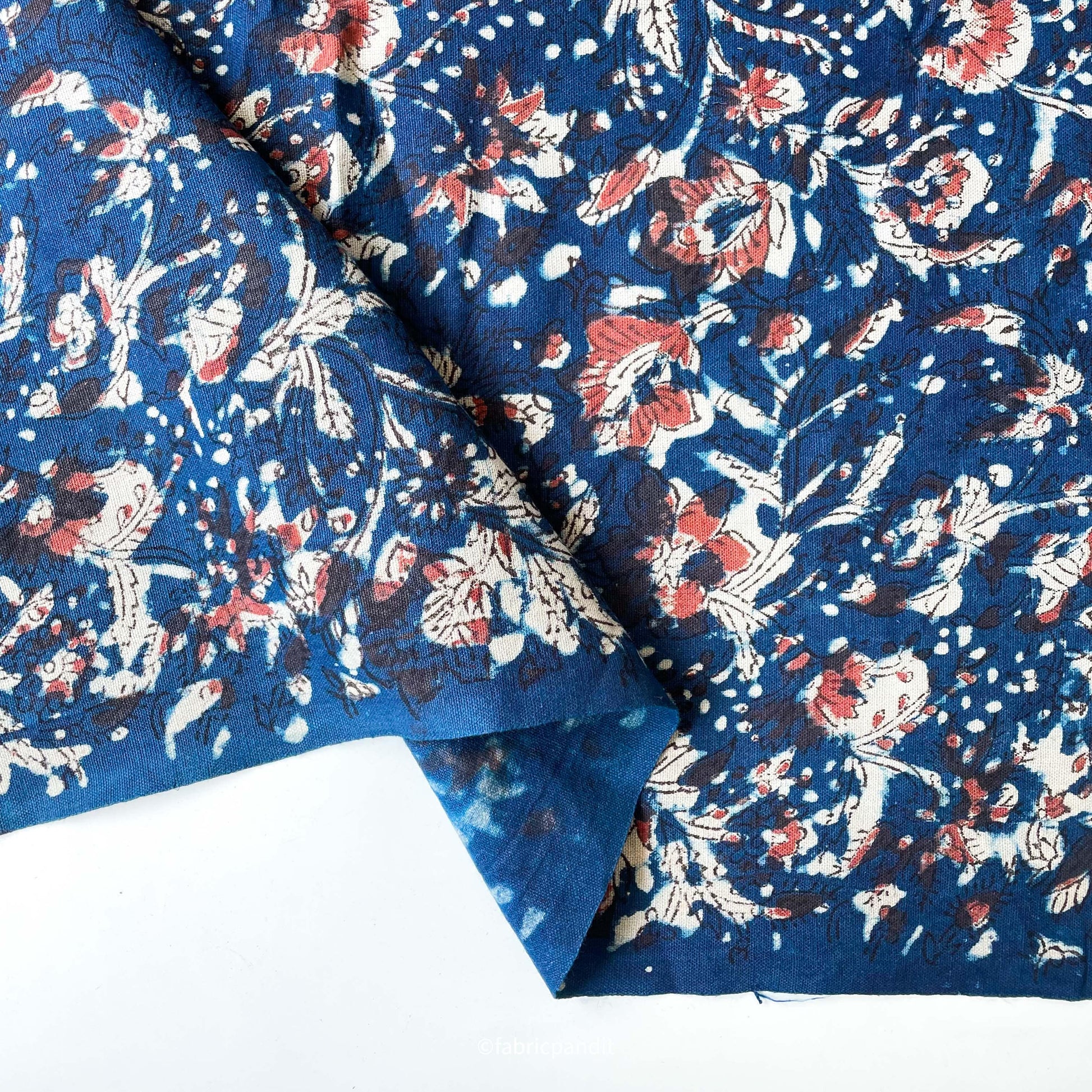 Printed Cotton Linen Fabric Cut Piece (CUT PIECE) Indigo Blue & Red Egyptian Floral Garden Hand Block Printed Pure Cotton Linen Fabric (Width 42 inches)