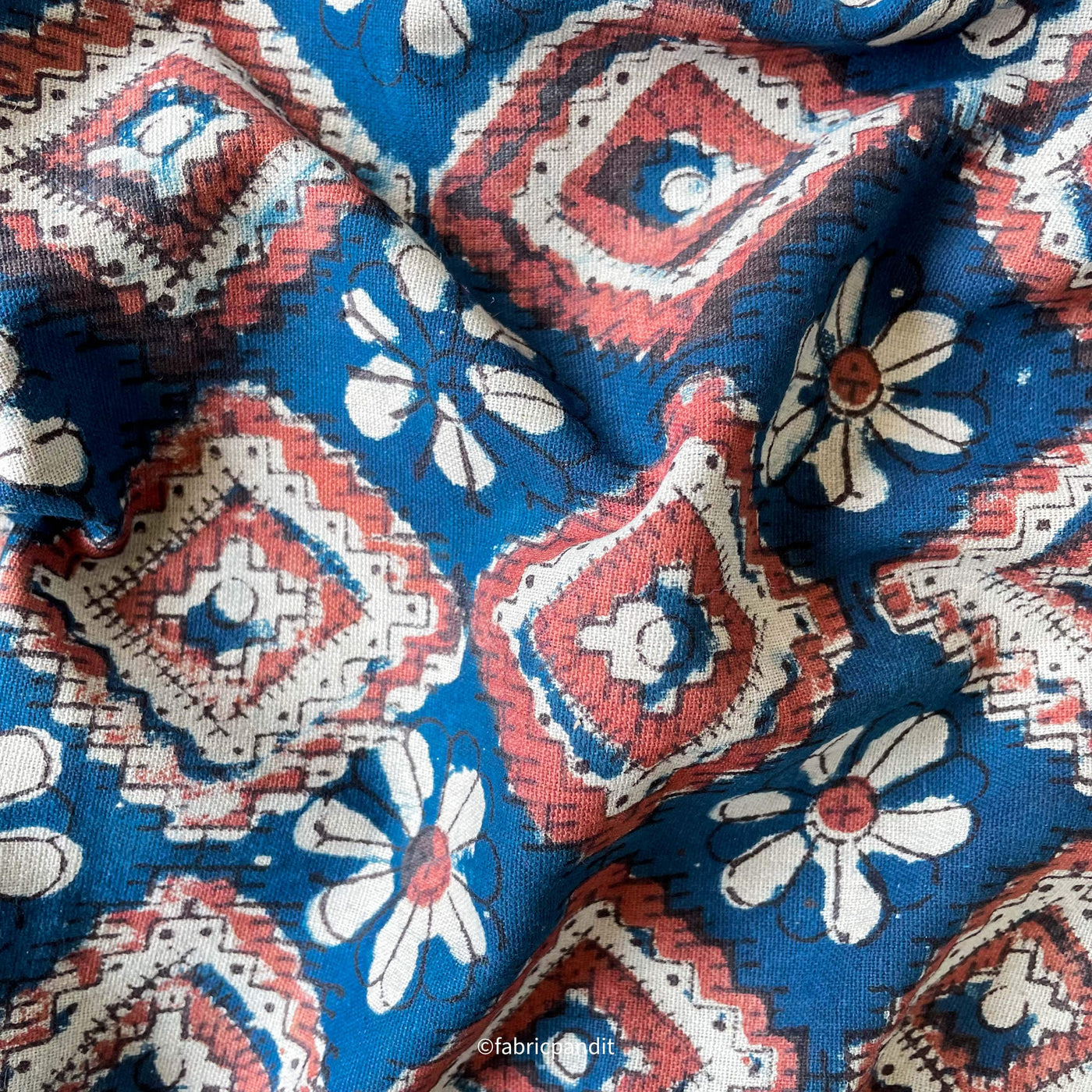 Printed Cotton Linen Fabric Cut Piece (CUT PIECE) Indigo Blue & Red Geometric & Floral Hand Block Printed Pure Cotton Linen Fabric (Width 42 inches)
