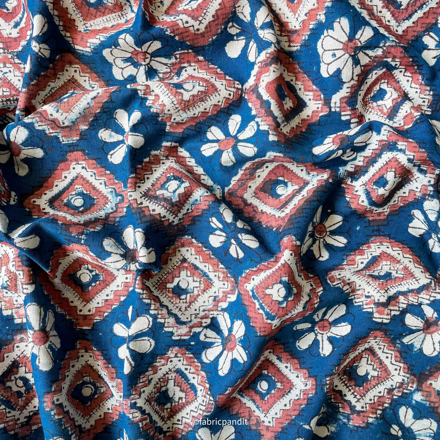 Printed Cotton Linen Fabric Cut Piece (CUT PIECE) Indigo Blue & Red Geometric & Floral Hand Block Printed Pure Cotton Linen Fabric (Width 42 inches)