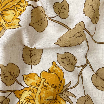 Printed Cotton Linen Fabric Cut Piece (CUT PIECE) Natural Beige & Mustard Gigantic Roses Hand Block Printed Pure Cotton Linen Fabric (Width 42 inches)