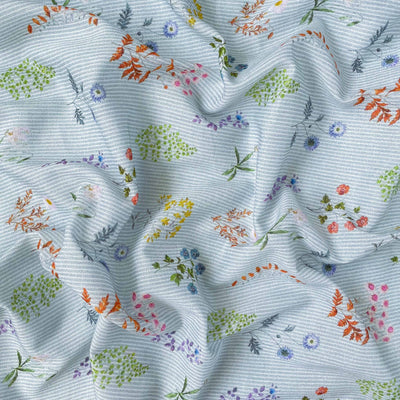 Printed Cotton Linen Fabric Cut Piece (CUT PIECE) Striped Blue and Timeless Botanicals Printed Pure Cotton Linen Fabric (Width 44 Inches)