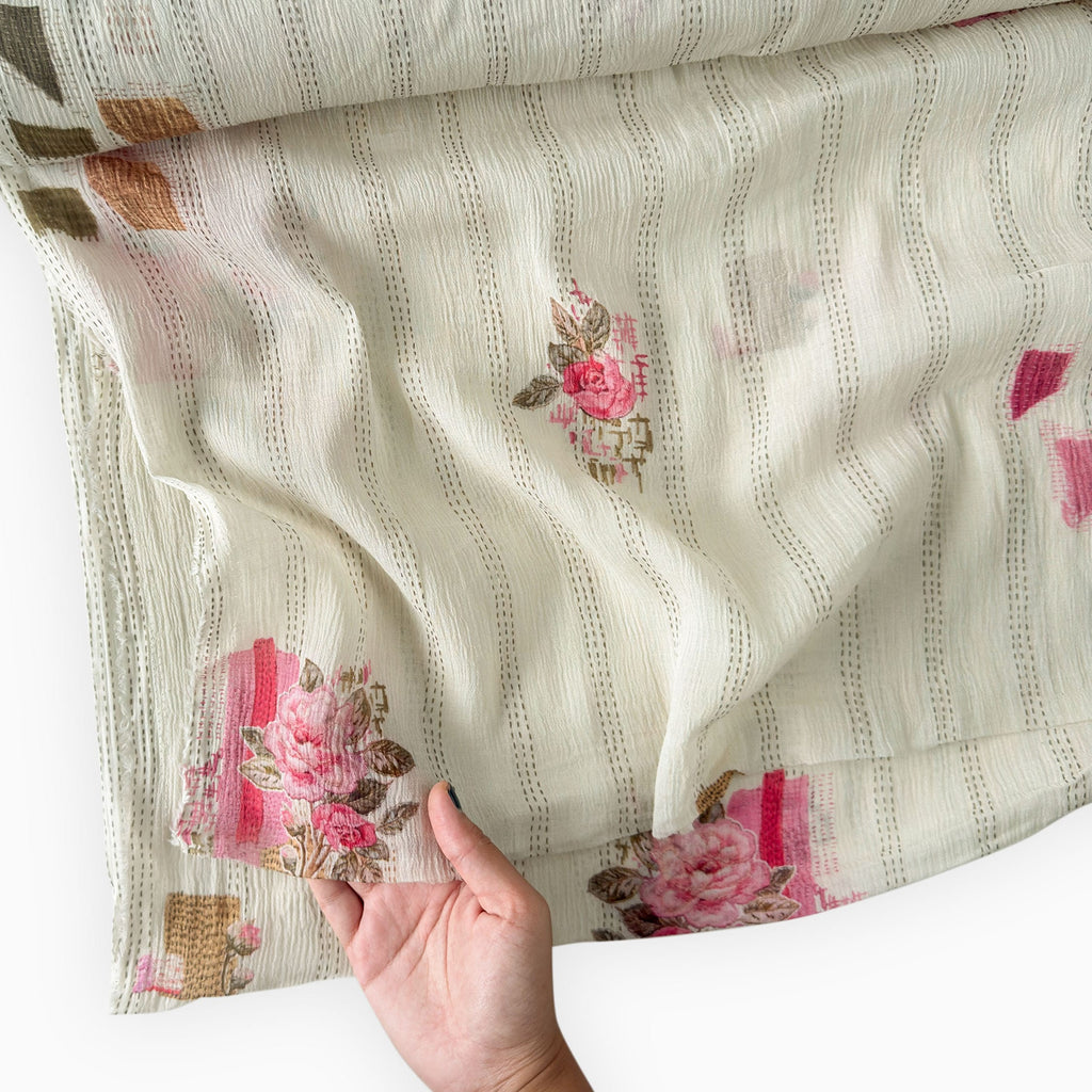 Printed Mul Chanderi Crush Fabric Fabric Antique White Mul Chanderi Crush Fabric