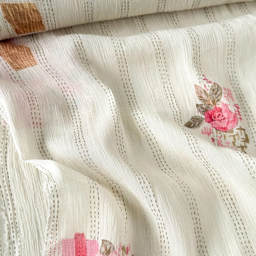 Printed Mul Chanderi Crush Fabric Fabric Antique White Mul Chanderi Crush Fabric