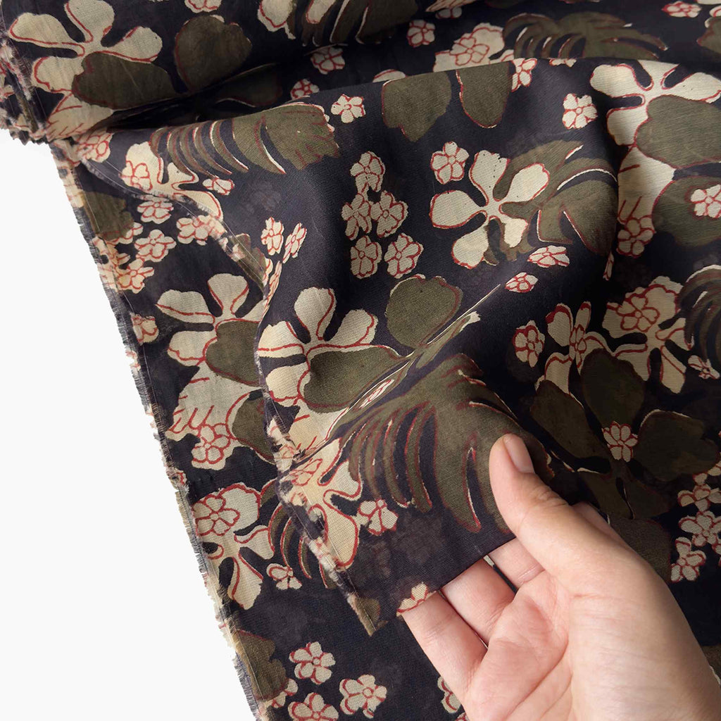 Printed Mul Chanderi Fabric Fabric Black & Olive Green Mul Chanderi Fabric