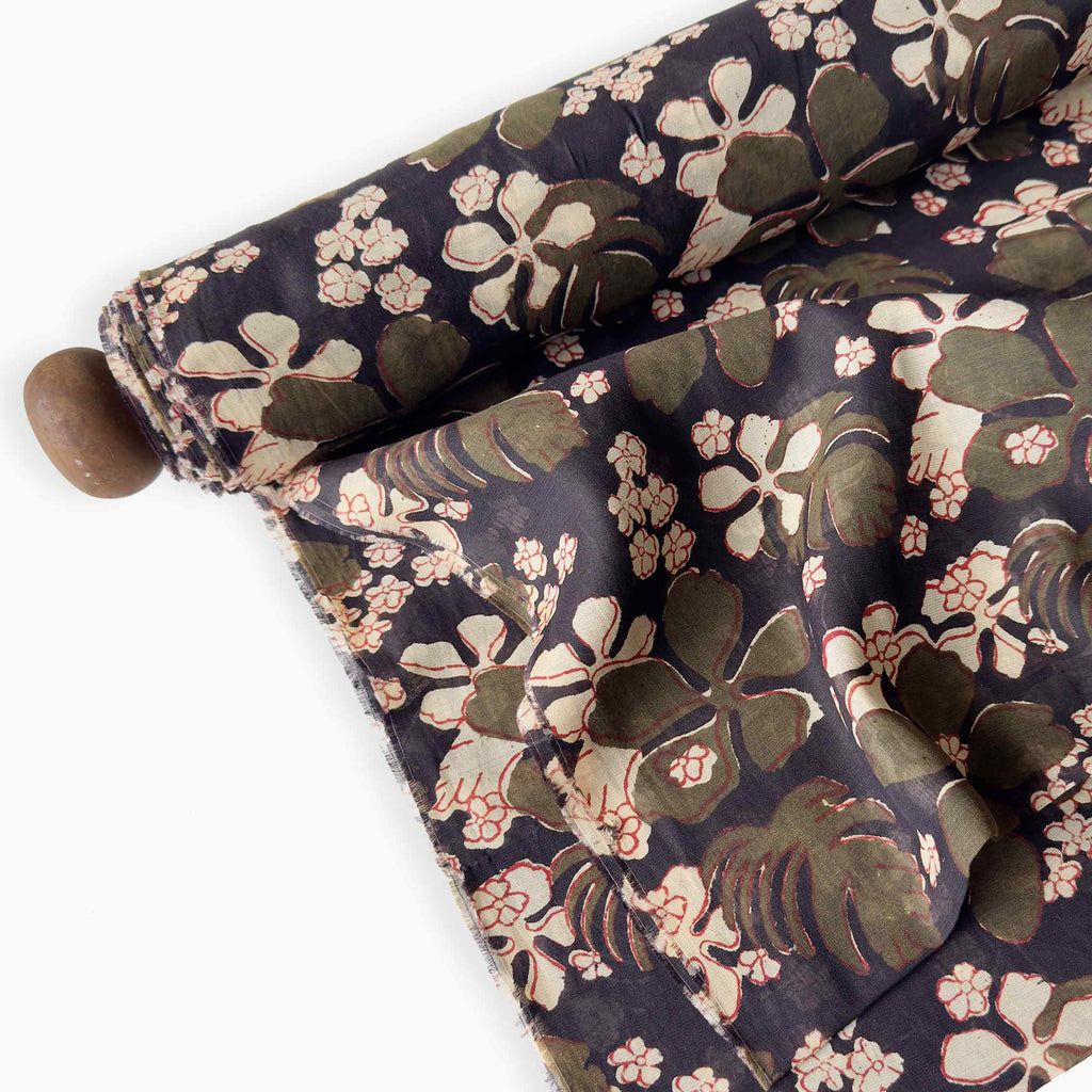 Printed Mul Chanderi Fabric Fabric Black & Olive Green Mul Chanderi Fabric