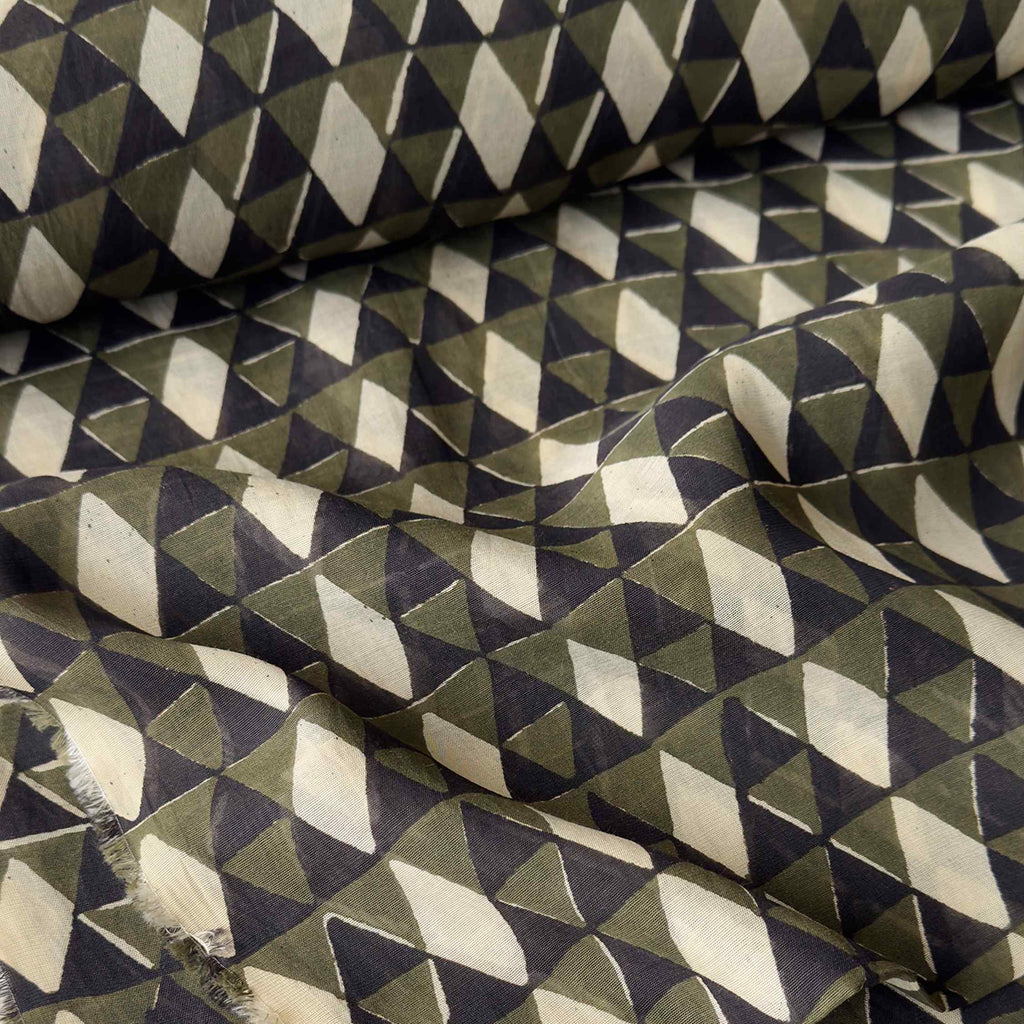 Printed Mul Chanderi Fabric Fabric Black & Olive Green Mul Chanderi Fabric