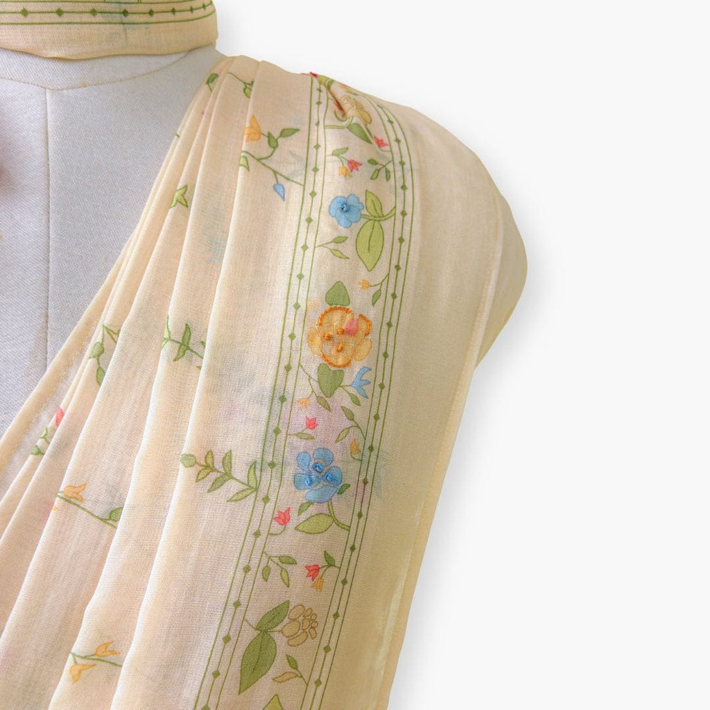 Printed Mul Chanderi Saree Saree Beige Color Drapes of Mul Floral Printed & Embroidered Pure Mul Chanderi Saree With Unstitched Blouse Piece