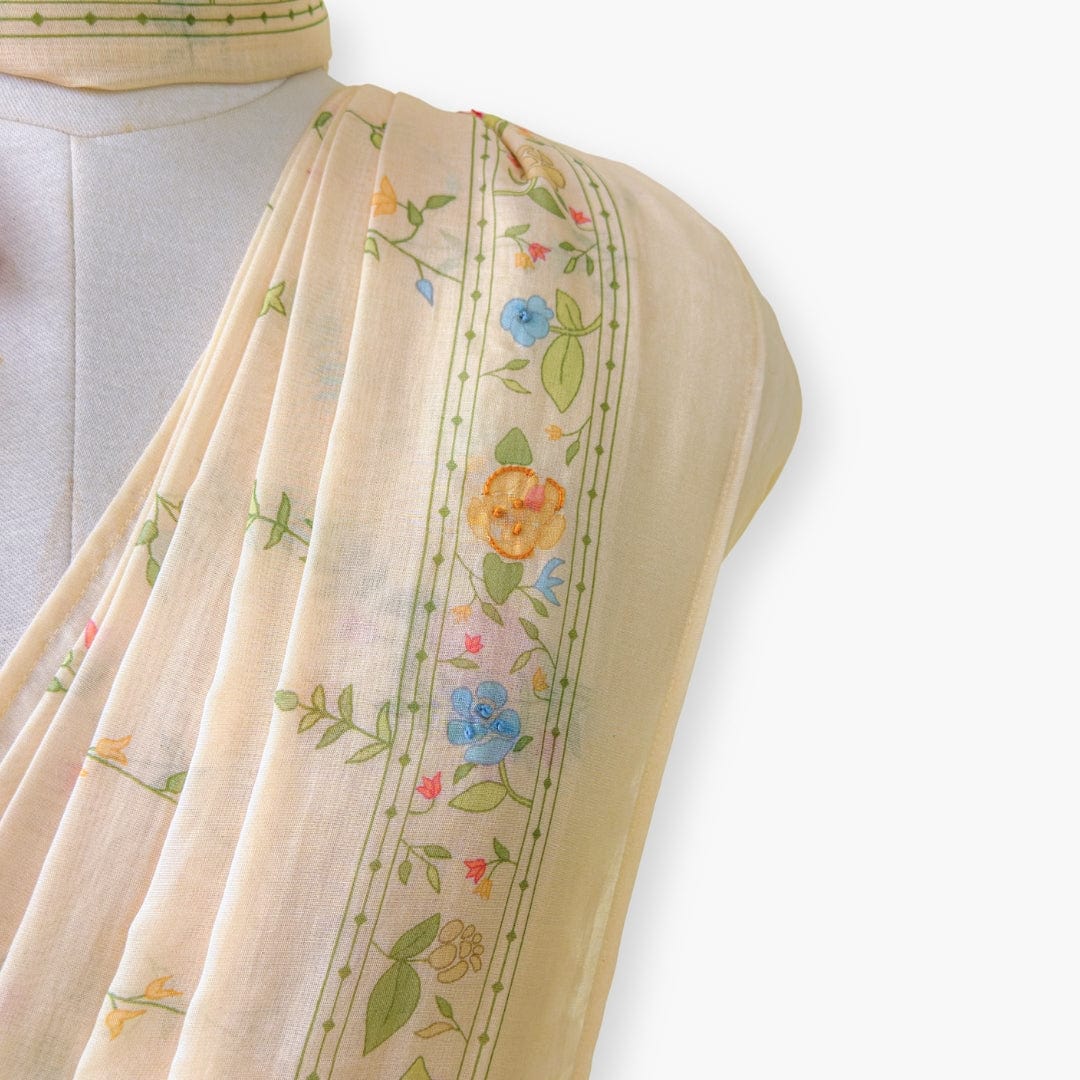 Printed Mul Chanderi Saree Saree Beige Color Drapes of Mul Floral Printed & Embroidered Pure Mul Chanderi Saree With Unstitched Blouse Piece