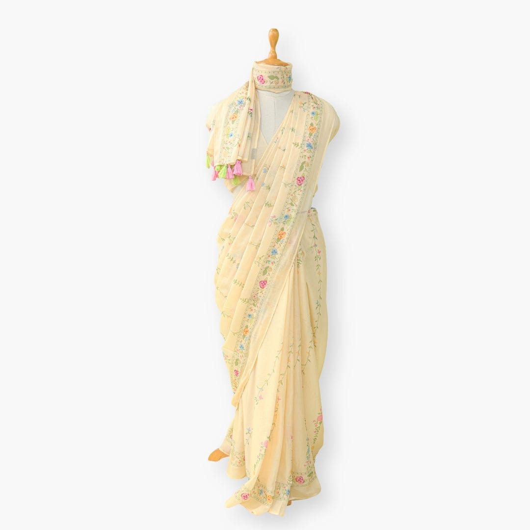 Printed Mul Chanderi Saree Saree Beige Color Drapes of Mul Floral Printed & Embroidered Pure Mul Chanderi Saree With Unstitched Blouse Piece