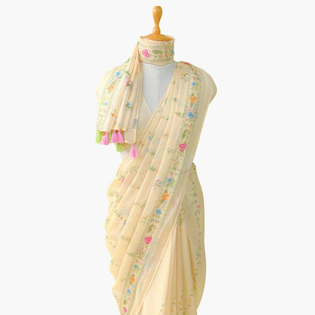 Printed Mul Chanderi Saree Saree Beige Color Drapes of Mul Floral Printed & Embroidered Pure Mul Chanderi Saree With Unstitched Blouse Piece