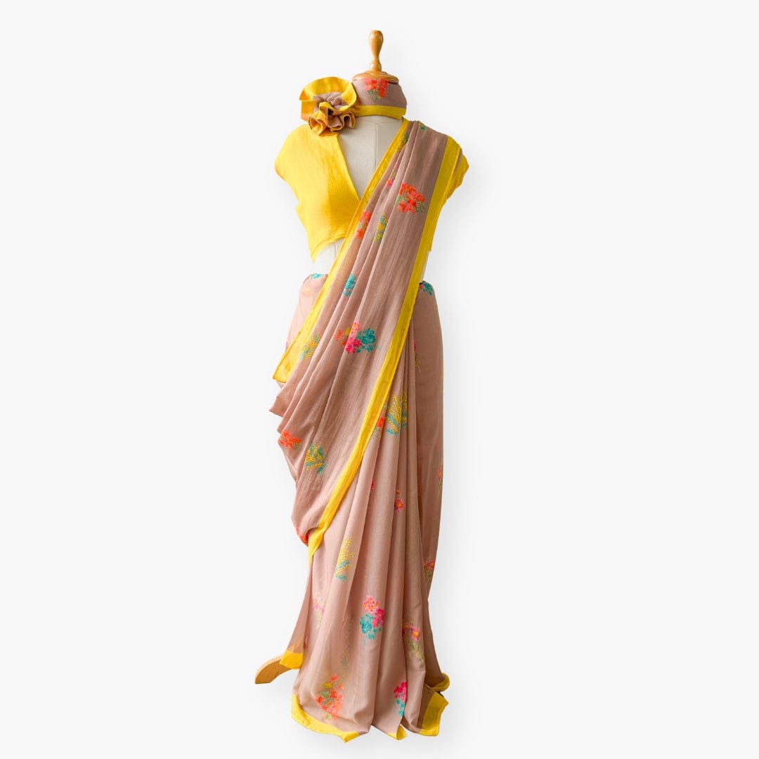 Printed Mul Chanderi Saree Saree Brown & Yellow Drapes of Mul Floral Printed Pure Mul Chanderi Saree With Unstitched Blouse Piece