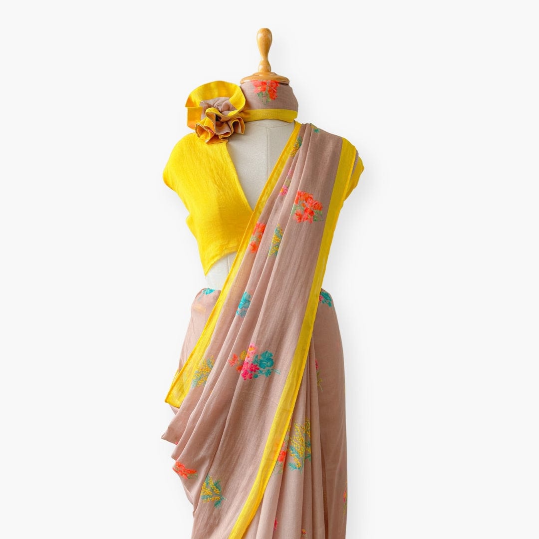 Printed Mul Chanderi Saree Saree Brown & Yellow Drapes of Mul Floral Printed Pure Mul Chanderi Saree With Unstitched Blouse Piece