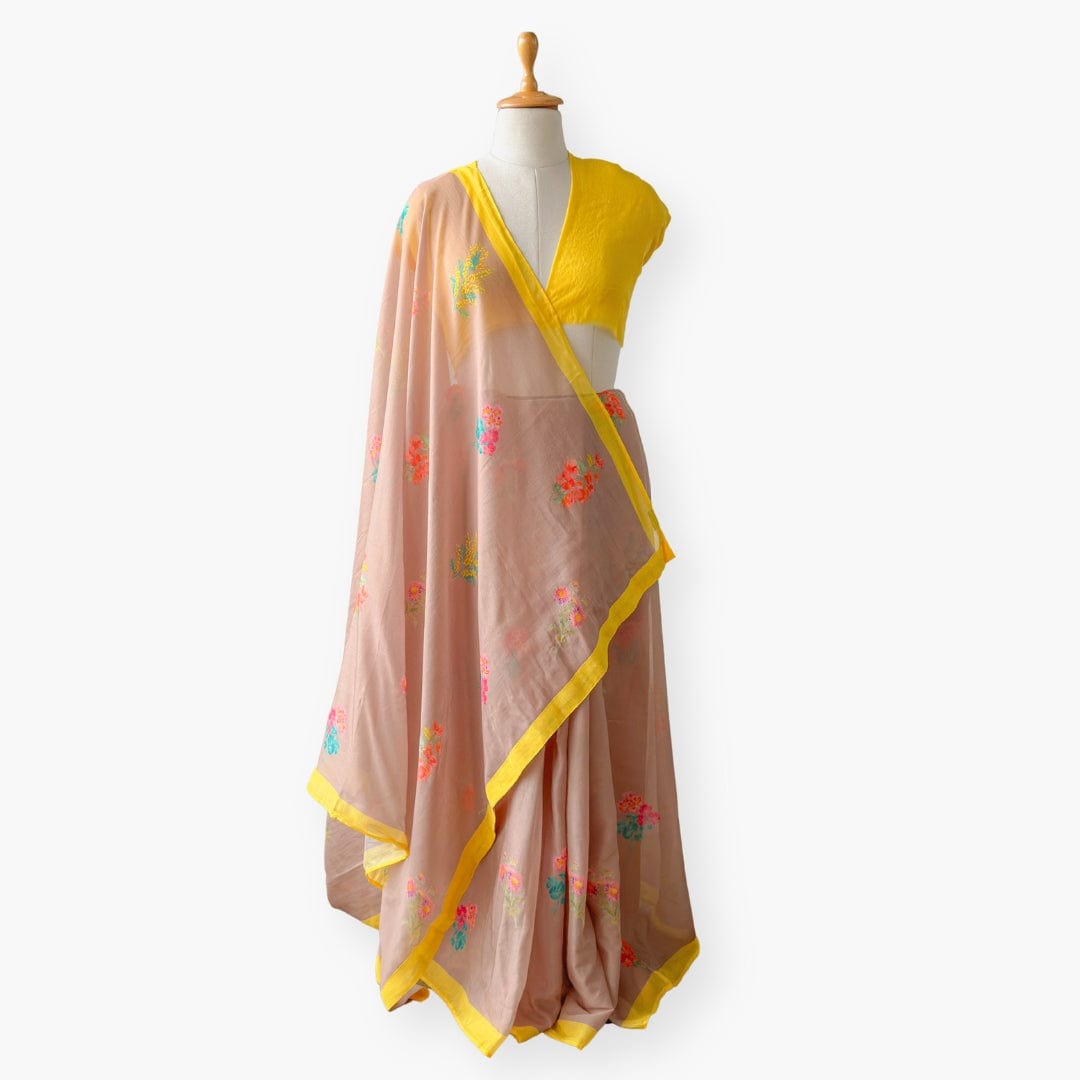 Printed Mul Chanderi Saree Saree Brown & Yellow Drapes of Mul Floral Printed Pure Mul Chanderi Saree With Unstitched Blouse Piece