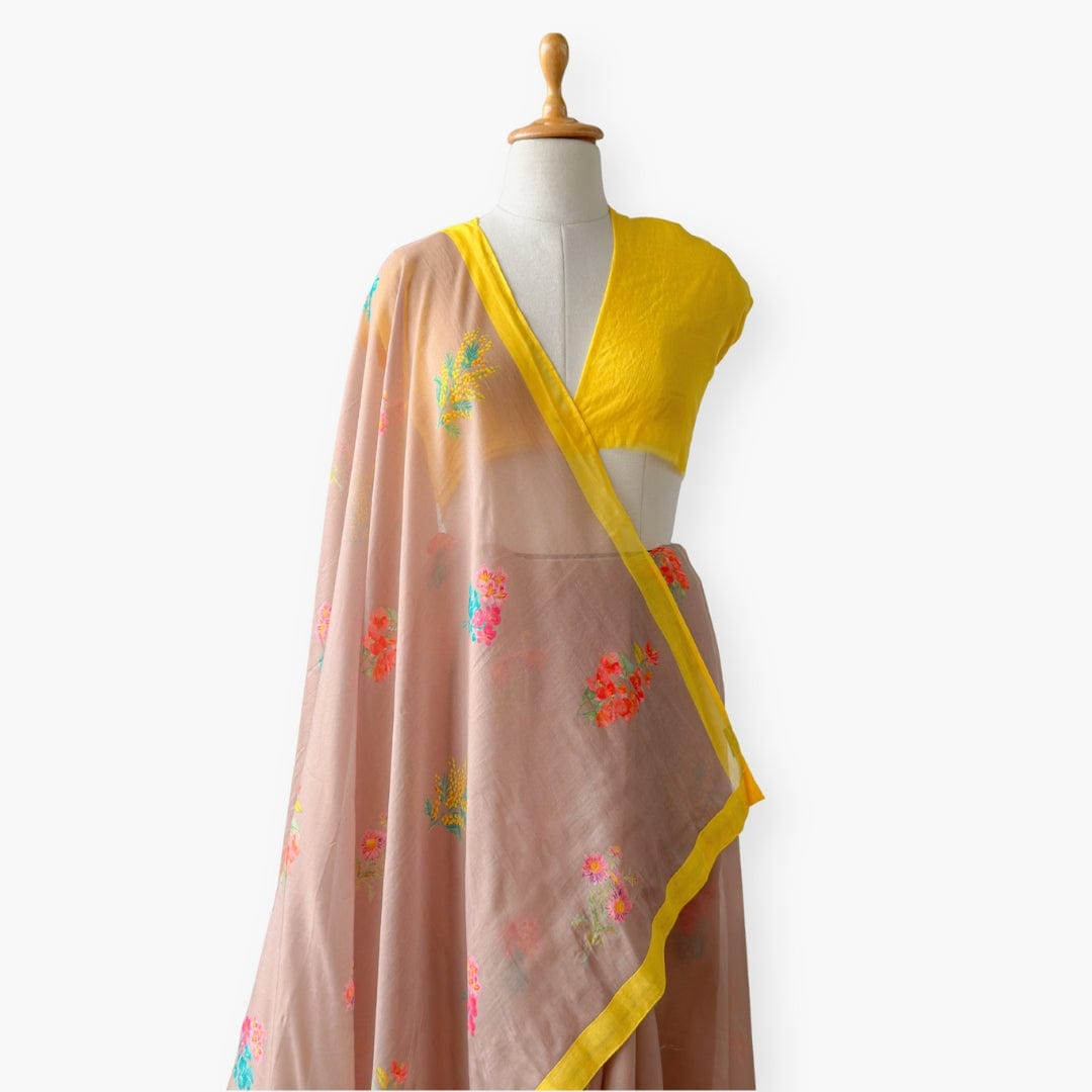 Printed Mul Chanderi Saree Saree Brown & Yellow Drapes of Mul Floral Printed Pure Mul Chanderi Saree With Unstitched Blouse Piece