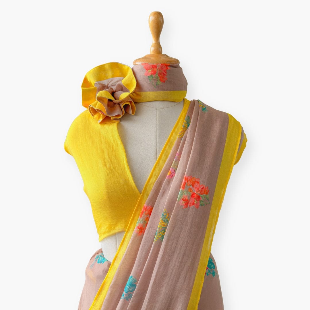 Printed Mul Chanderi Saree Saree Brown & Yellow Drapes of Mul Floral Printed Pure Mul Chanderi Saree With Unstitched Blouse Piece