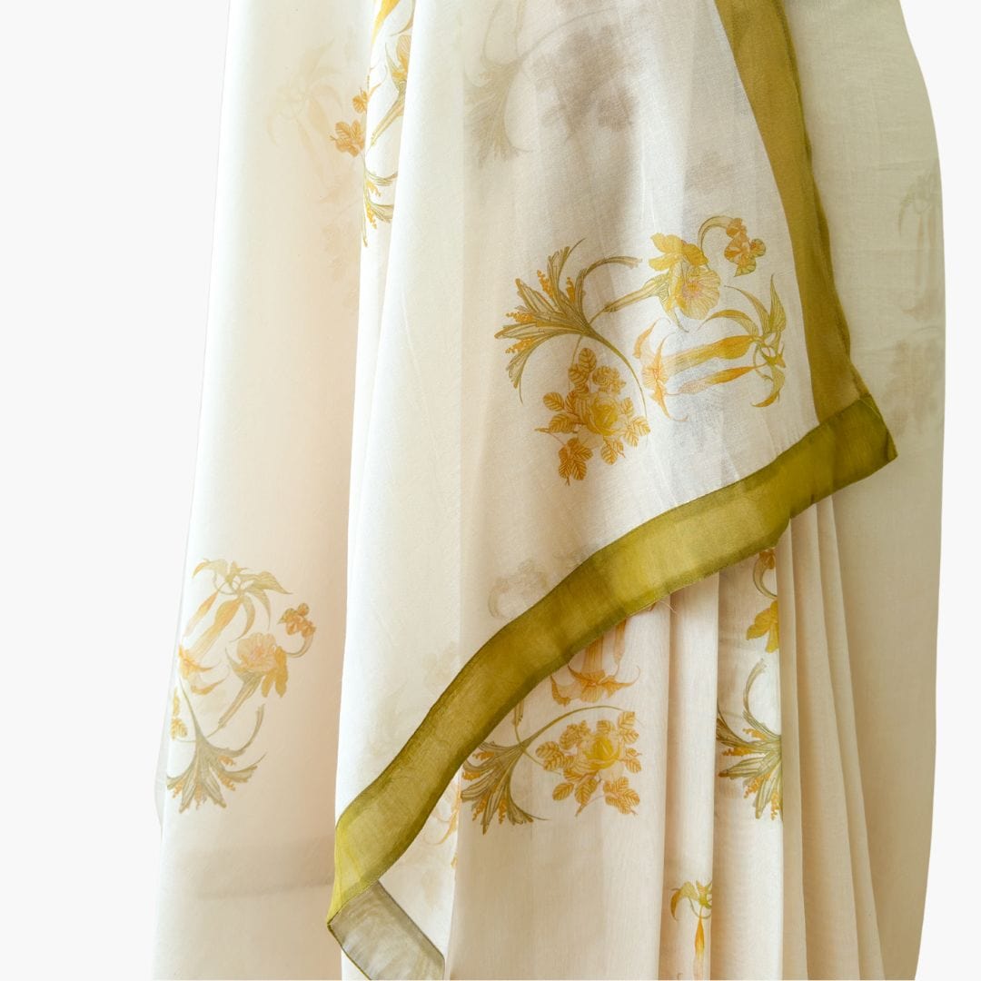 Printed Mul Chanderi Saree Saree Dusty Mustard Printed Pure Mul Chanderi Saree With Unstitched Blouse Piece