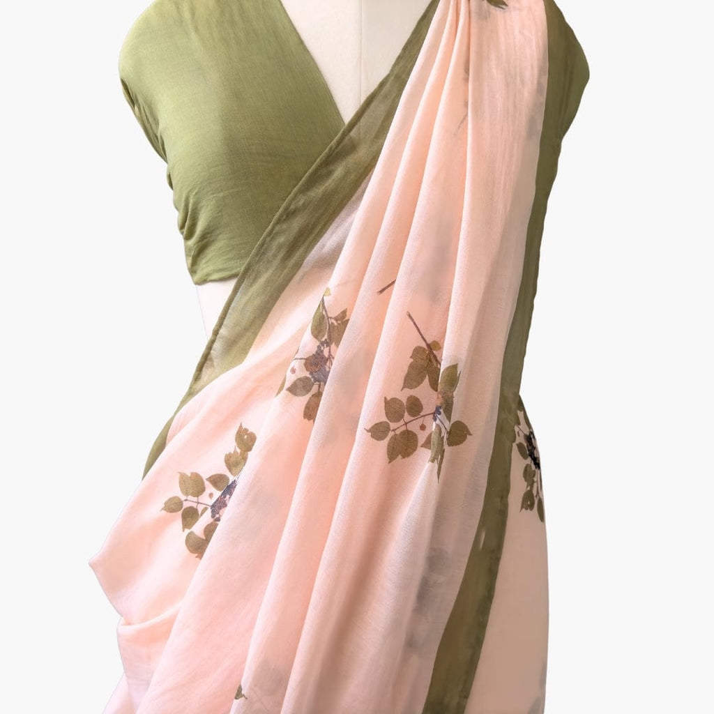 Printed Mul Chanderi Saree Saree Dusty Olive Green Printed Pure Mul Chanderi Saree With Unstitched Blouse Piece