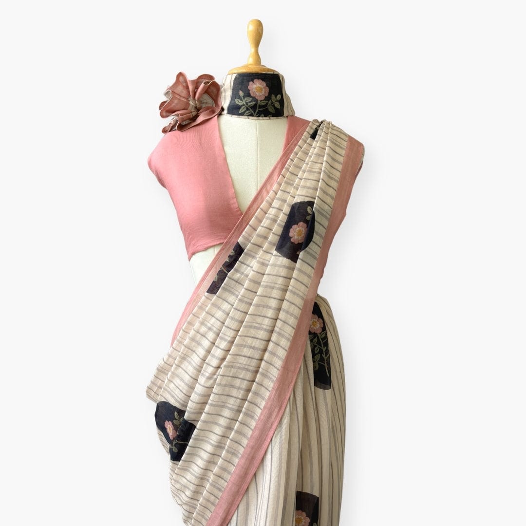 Printed Mul Chanderi Saree Saree Dusty Pink & Black Printed Pure Mul Chanderi Saree With Unstitched Blouse Piece