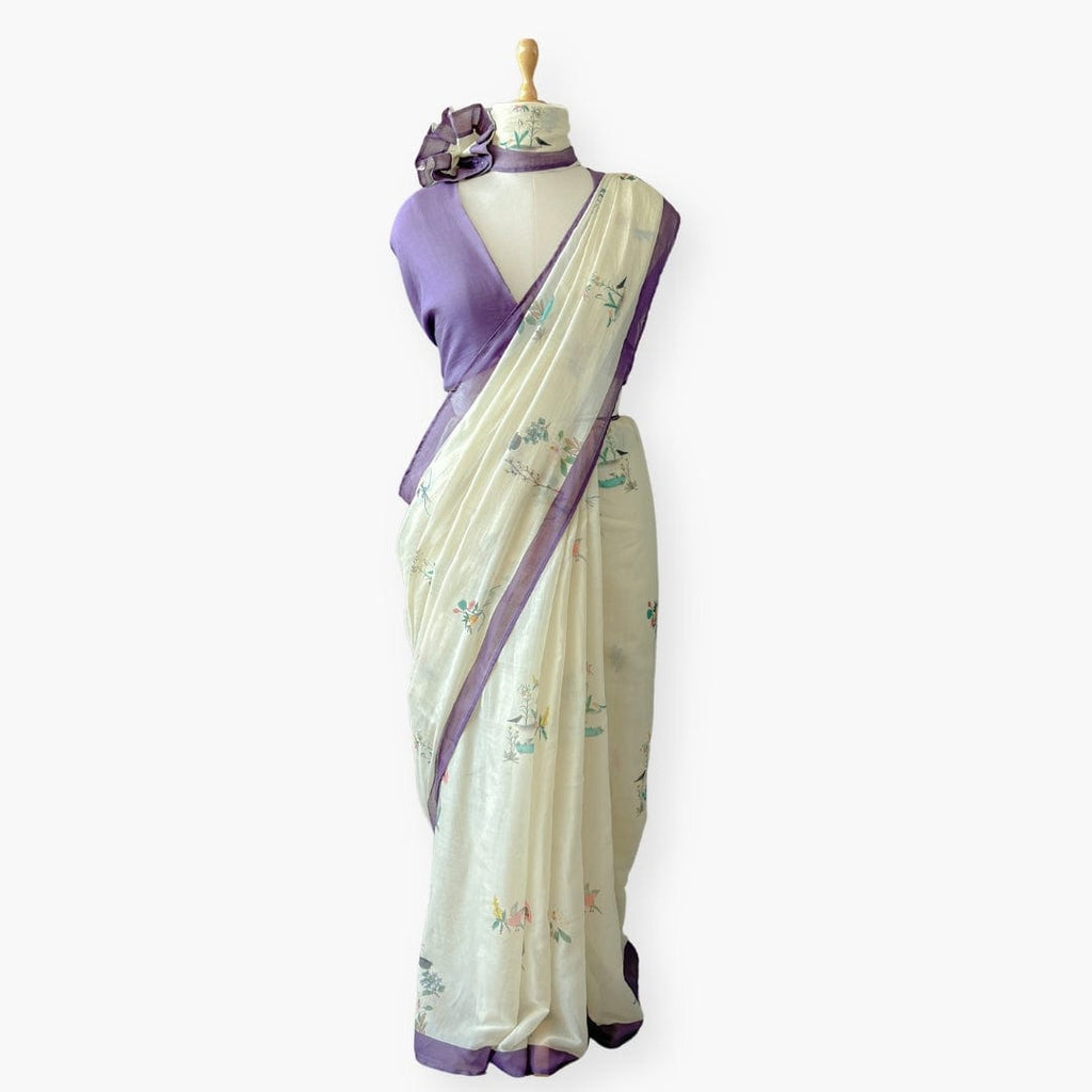 Printed Mul Chanderi Saree Saree Dusty Violet Printed Pure Mul Chanderi Saree With Unstitched Blouse Piece