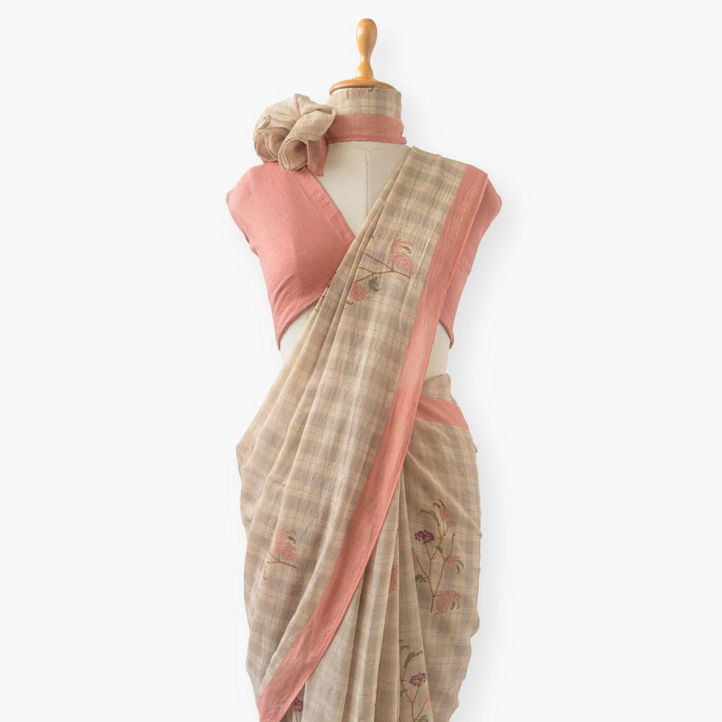 Printed Mul Chanderi Saree Saree Earthy Grey & Peach Drapes of Mul Floral Printed Pure Mul Chanderi Saree With Unstitched Blouse Piece