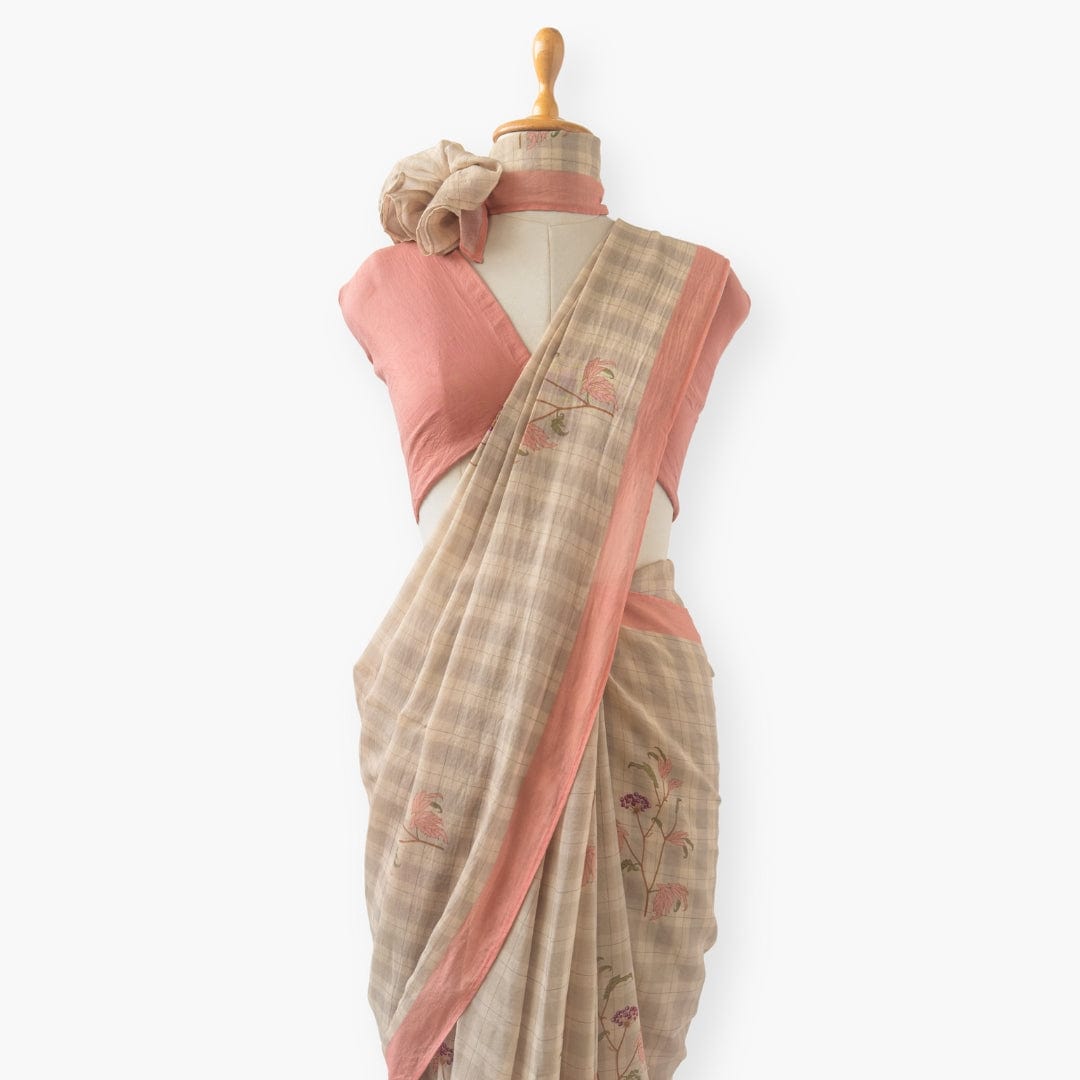 Printed Mul Chanderi Saree Saree Earthy Grey & Peach Drapes of Mul Floral Printed Pure Mul Chanderi Saree With Unstitched Blouse Piece