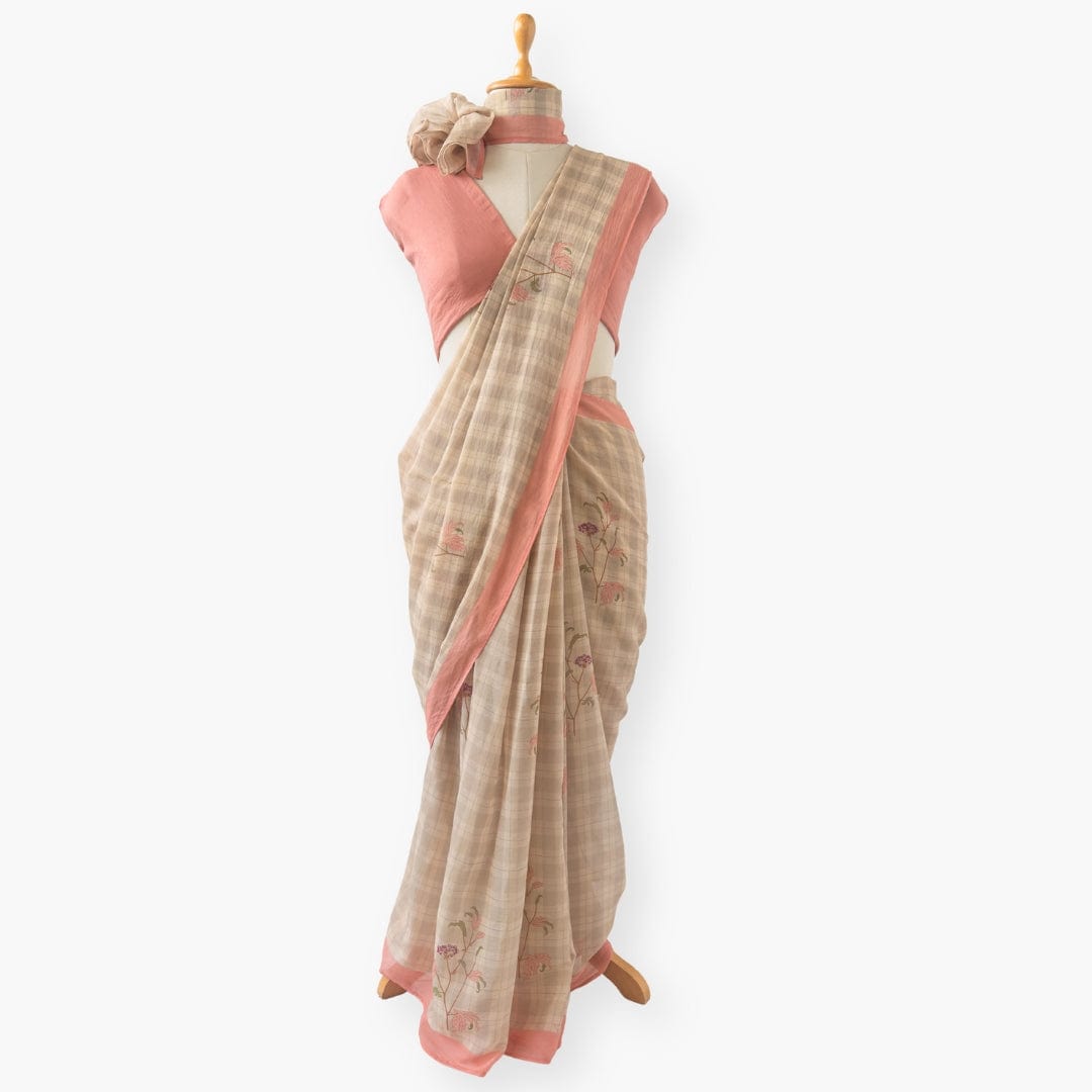Printed Mul Chanderi Saree Saree Earthy Grey & Peach Drapes of Mul Floral Printed Pure Mul Chanderi Saree With Unstitched Blouse Piece