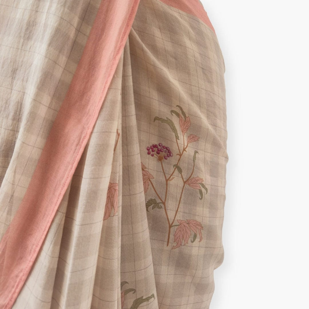 Printed Mul Chanderi Saree Saree Earthy Grey & Peach Drapes of Mul Floral Printed Pure Mul Chanderi Saree With Unstitched Blouse Piece