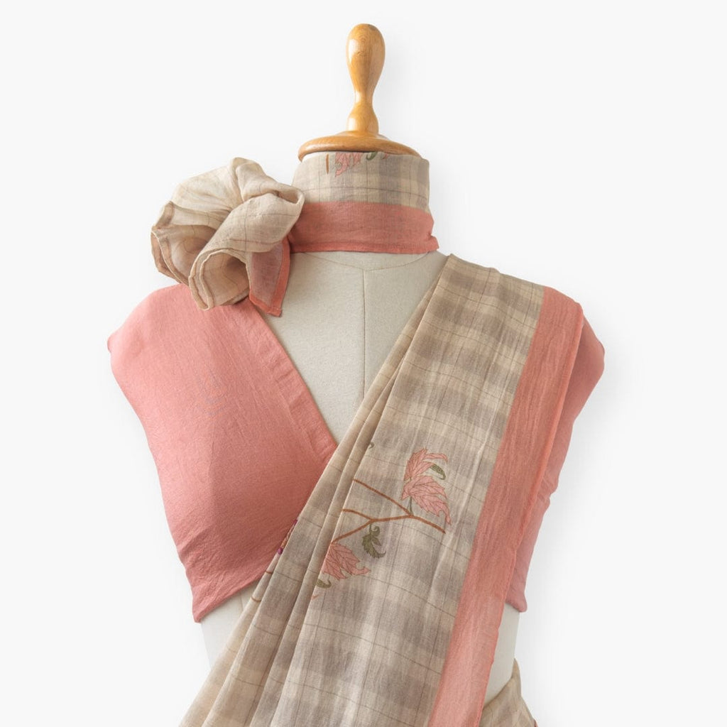 Printed Mul Chanderi Saree Saree Earthy Grey & Peach Drapes of Mul Floral Printed Pure Mul Chanderi Saree With Unstitched Blouse Piece