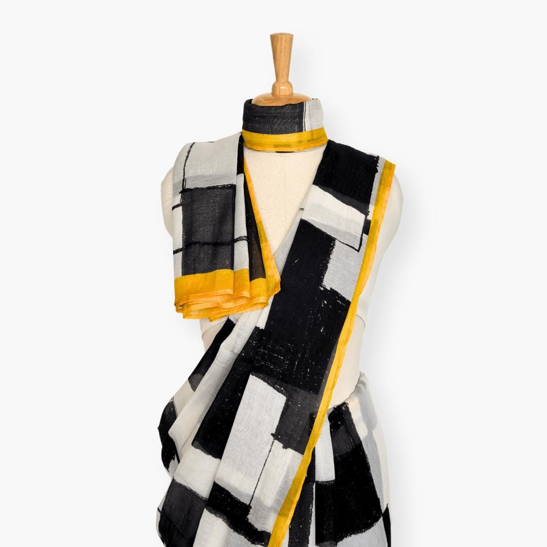 Printed Mul Chanderi Saree Saree Ivory & Black Chanderi Saree