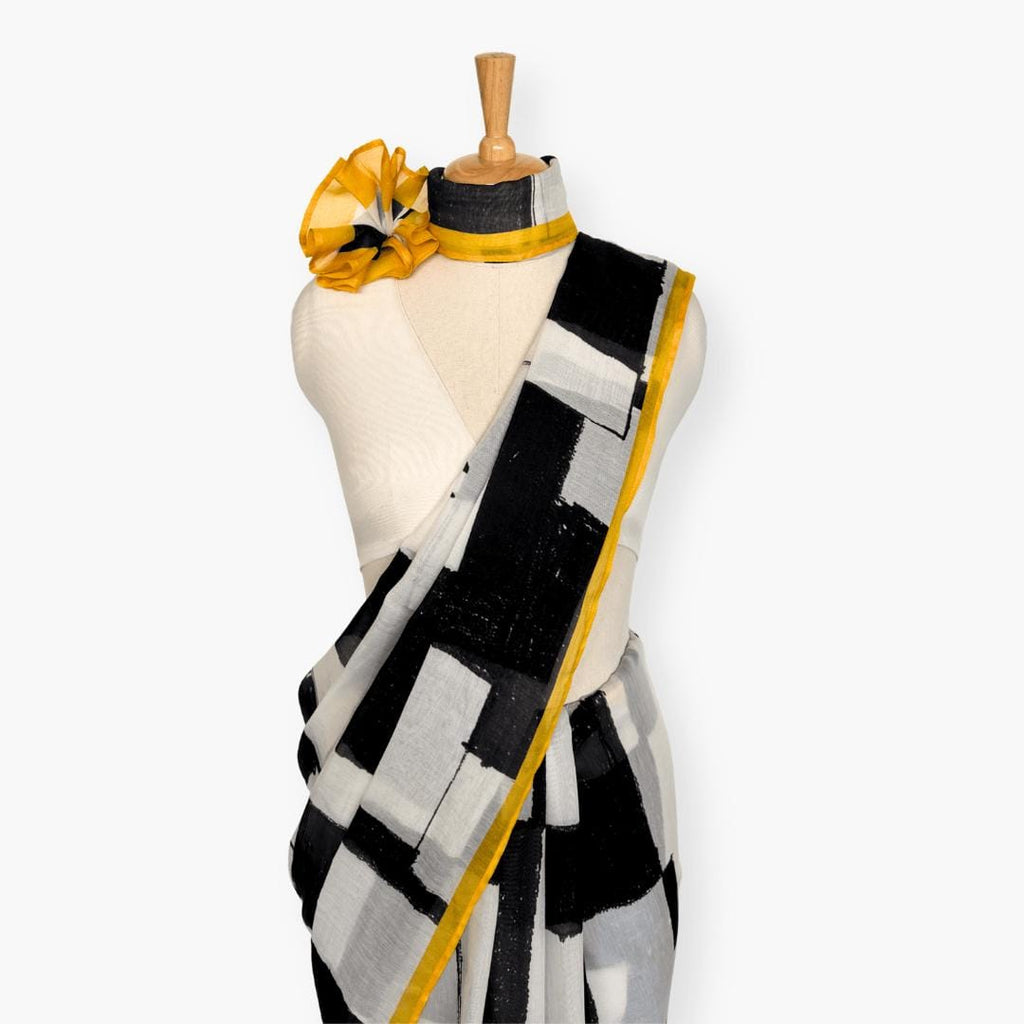 Printed Mul Chanderi Saree Saree Ivory & Black Chanderi Saree