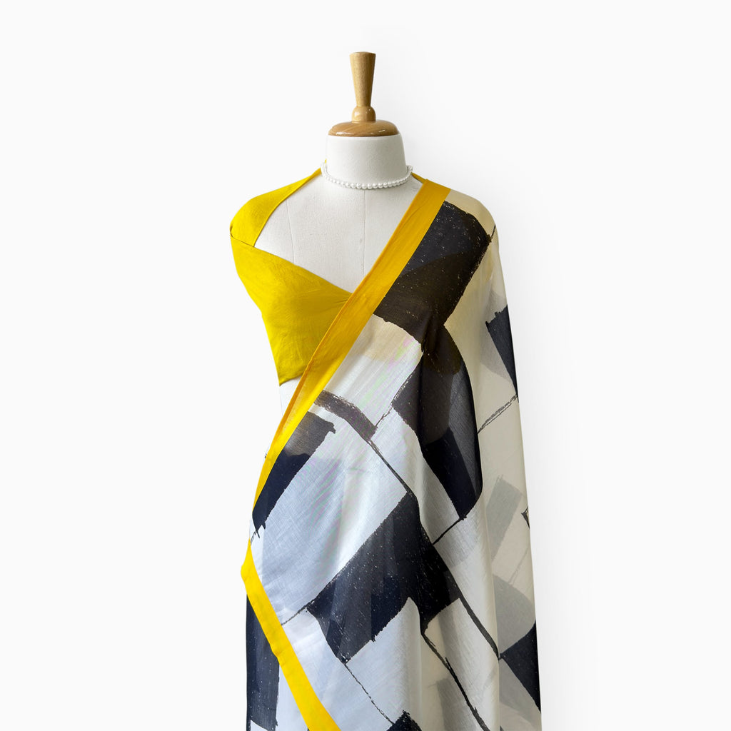 Printed Mul Chanderi Saree Saree Ivory & Black Mul Chanderi Saree