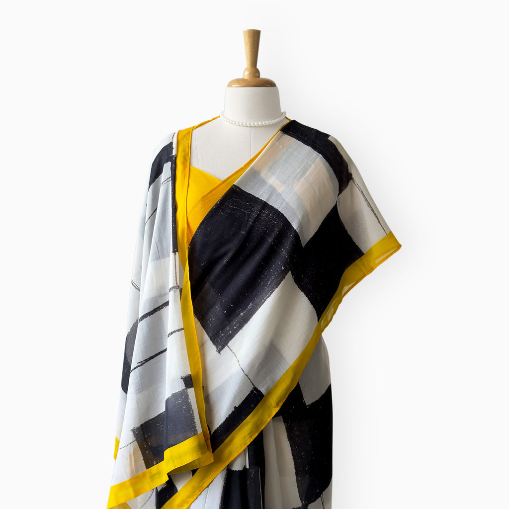 Printed Mul Chanderi Saree Saree Ivory & Black Mul Chanderi Saree