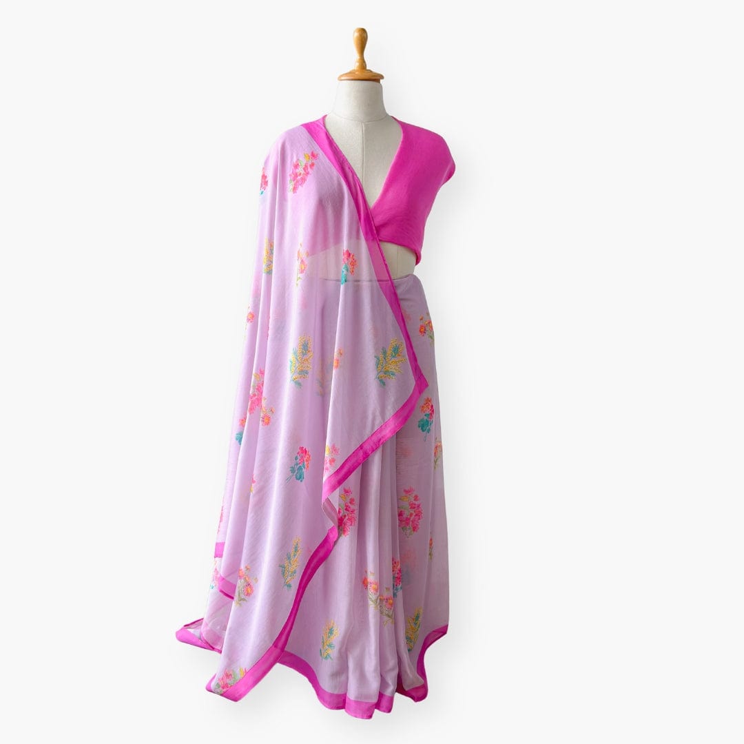 Printed Mul Chanderi Saree Saree Lilac & Pink Drapes of Mul Floral Printed Pure Mul Chanderi Saree With Unstitched Blouse Piece