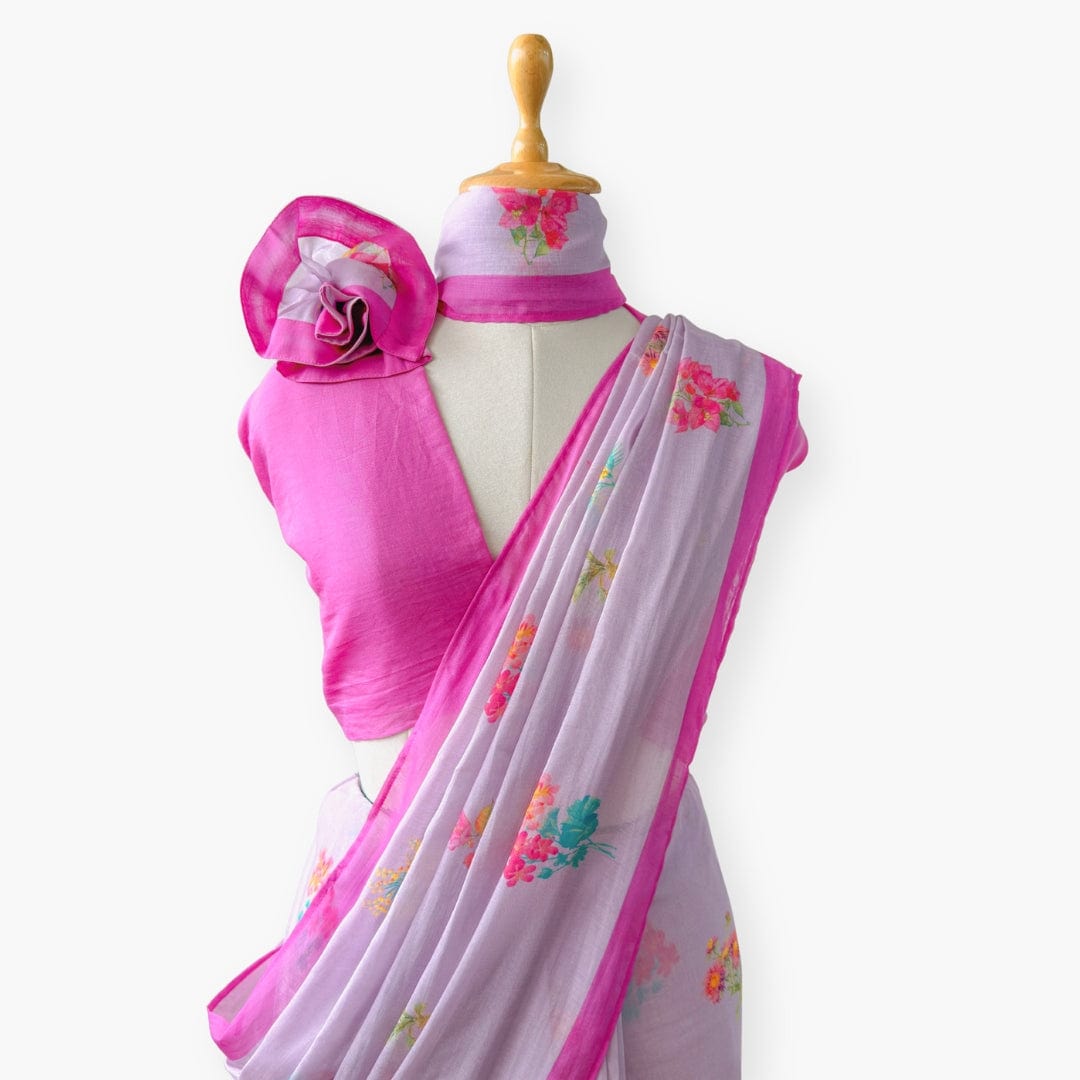 Printed Mul Chanderi Saree Saree Lilac & Pink Drapes of Mul Floral Printed Pure Mul Chanderi Saree With Unstitched Blouse Piece