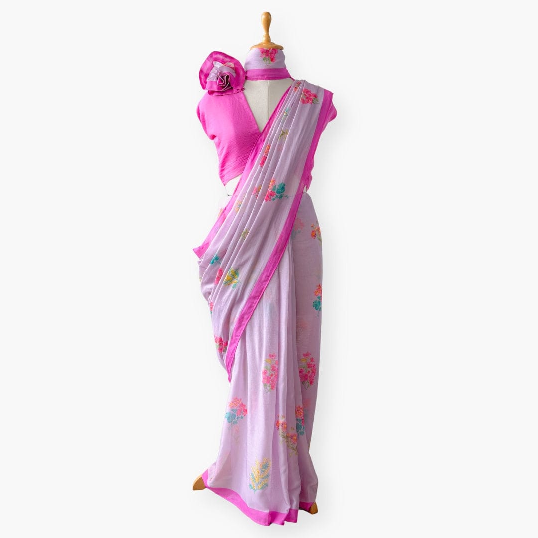 Printed Mul Chanderi Saree Saree Lilac & Pink Drapes of Mul Floral Printed Pure Mul Chanderi Saree With Unstitched Blouse Piece