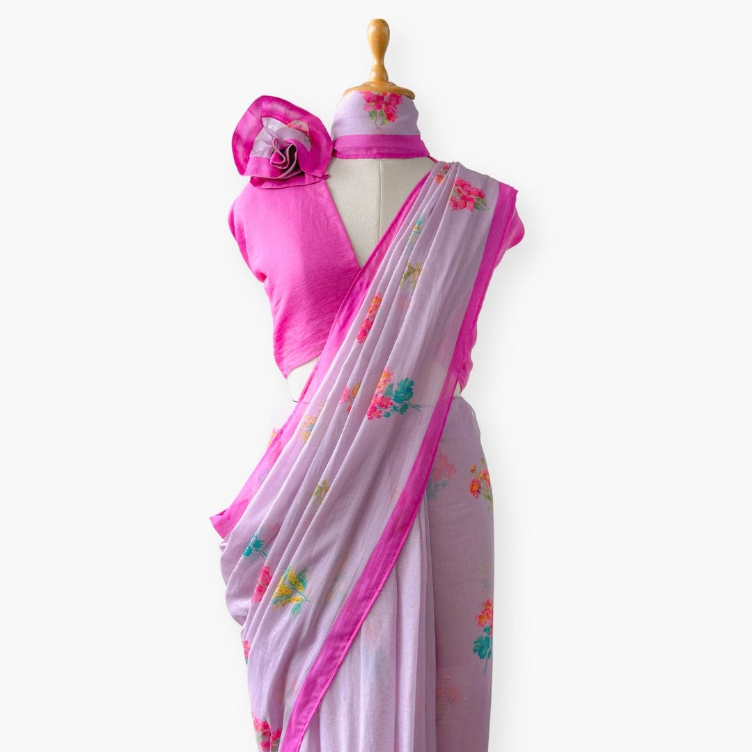 Printed Mul Chanderi Saree Saree Lilac & Pink Drapes of Mul Floral Printed Pure Mul Chanderi Saree With Unstitched Blouse Piece