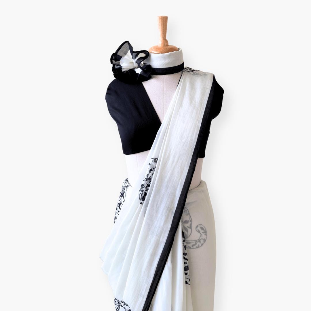 Printed Mul Chanderi Saree Saree Off-White & Black Chanderi Saree