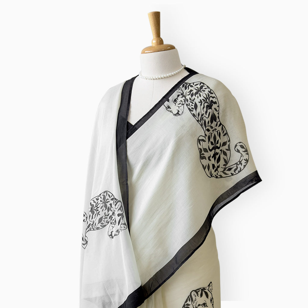 Printed Mul Chanderi Saree Saree Off-White & Black Mul Chanderi Saree